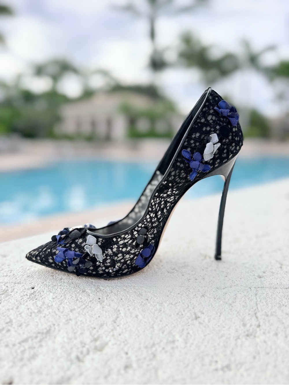 Casadei ‘Blade’ Stiletto Black Lace 3-D Floral & Embellishments